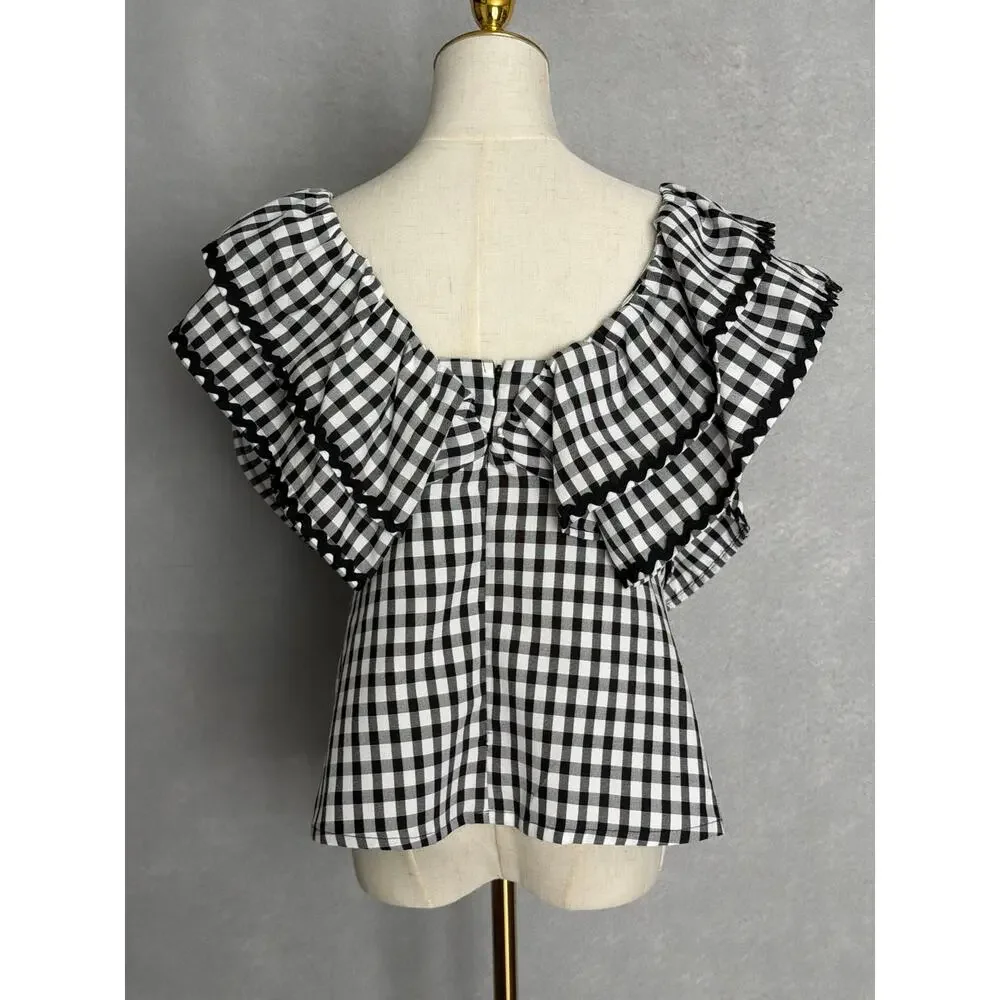Sugarlips Gingham Top Exaggerated Collar with Bow Women's Medium NEW